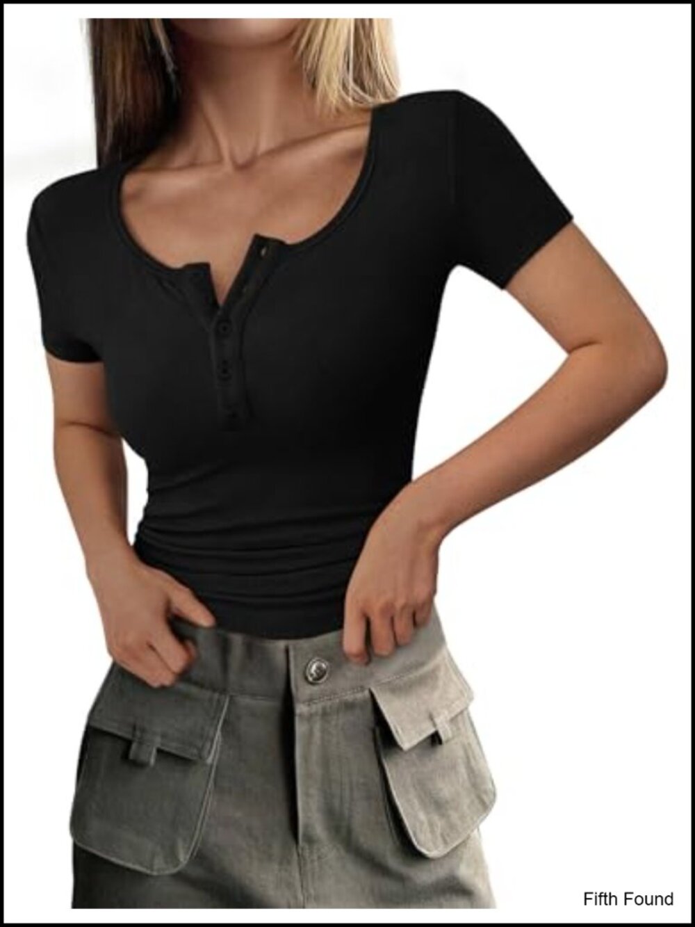 Women's Ribbed Knit Henley Tee Short Sleeve Slim Fit Summer Top